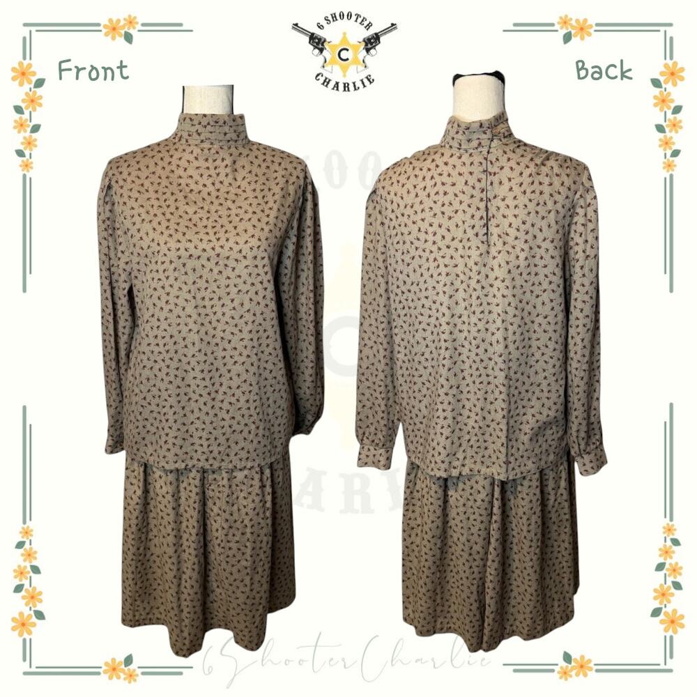 Vintage Bryn Mawr Blouse & Skirt Womens Size 16 Floral Print Pleated Skirt Brown